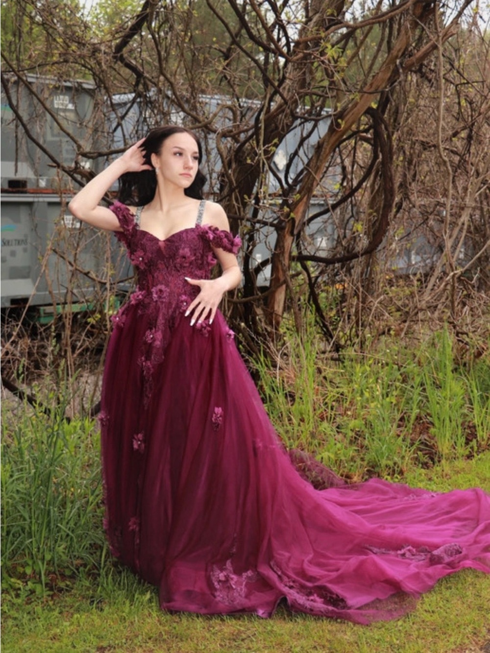 Stacees Burgundy Prom Formal Gown Size 4-6 Tulle Appliquรฉ Long Train